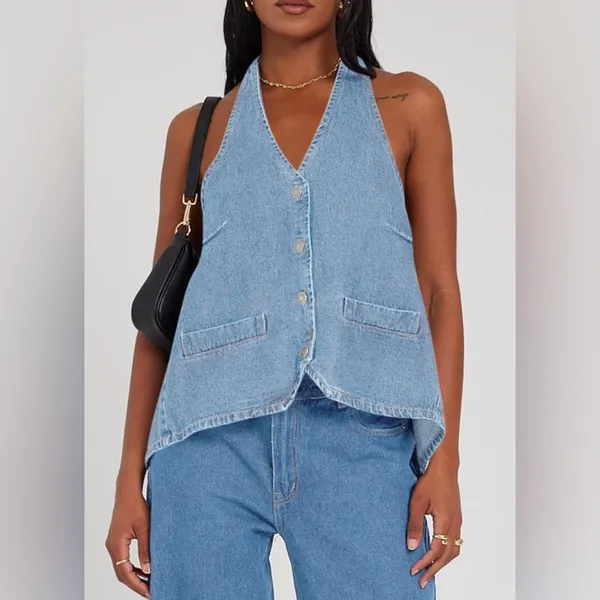 NWT Women’s‎ Denim Halter Open Back Vest Top - Image 3