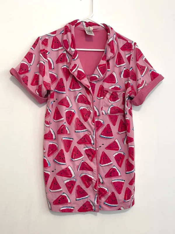MUNKI MUNKI Pink White Blue Watermelon Fruit Print Short Sleeve Pajama SHIRT PJs - Image 2
