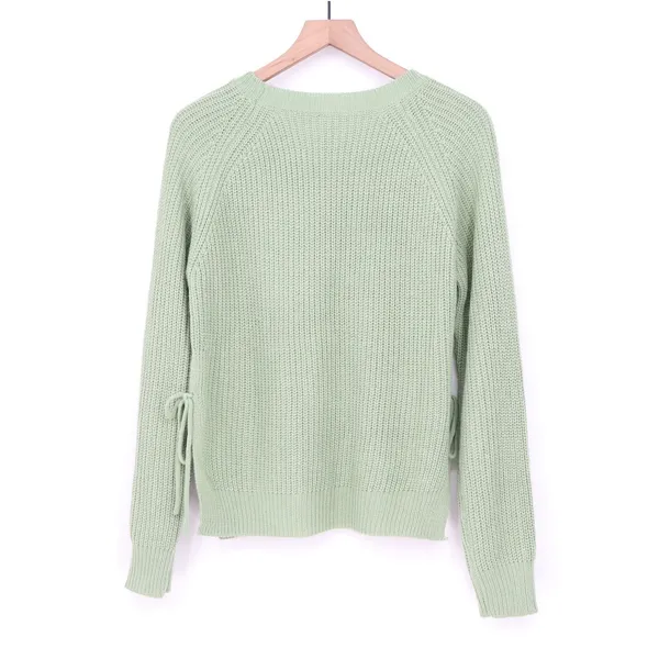SHEIN Mint Green Shaker Knit Side Tie Lace Up Sweater Large Crew Neck Pullover - Image 6