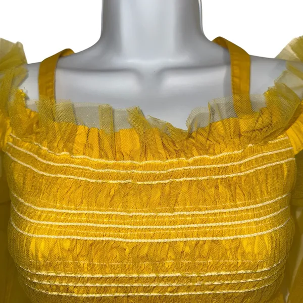 IRIS Bright Lemon‎ Yellow Smocked Cold Shoulder Tulle Puff Sleeve Peplum Top M - Image 3