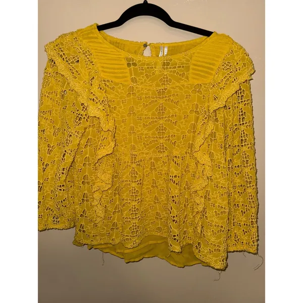 Anthropologie Mustard Yellow Eyelet Lace Ruffle Peplum‎ Blouse Top 6 Whimsical - Image 3