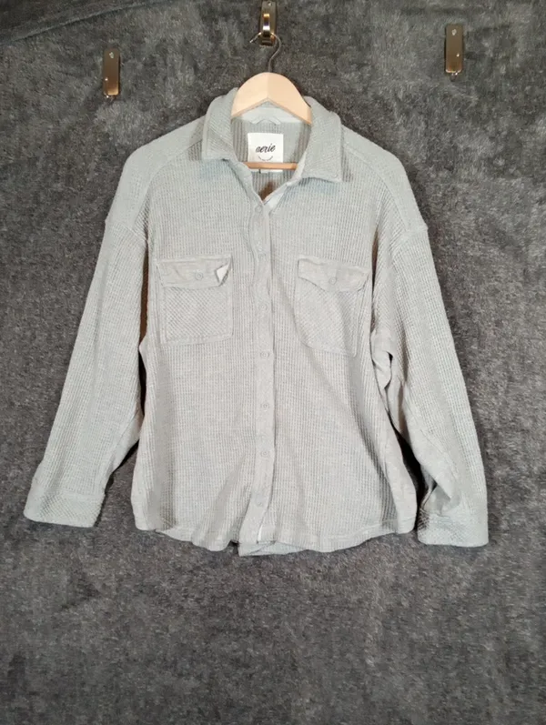 Aerie Lumberjane Oversized Gray Waffle Knit Button Up Cotton Cozy - Image 3