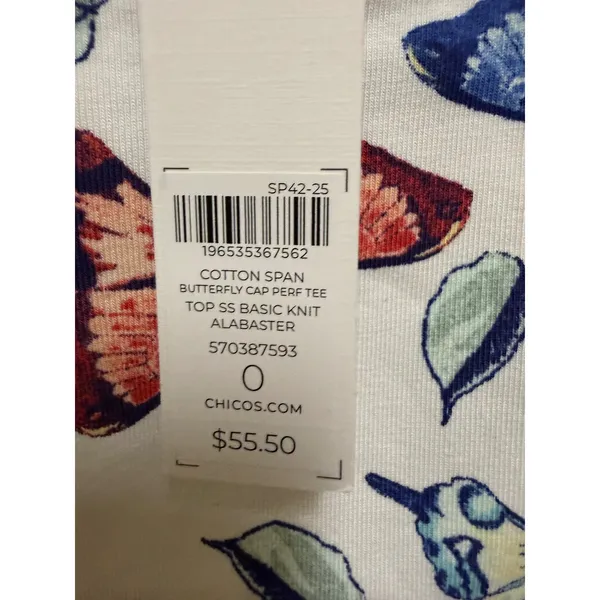 Chico's Butterfly Perfect Tee Size 0 S NWT Alabaster Cotton Stretch Cap Sleeve - Image 6