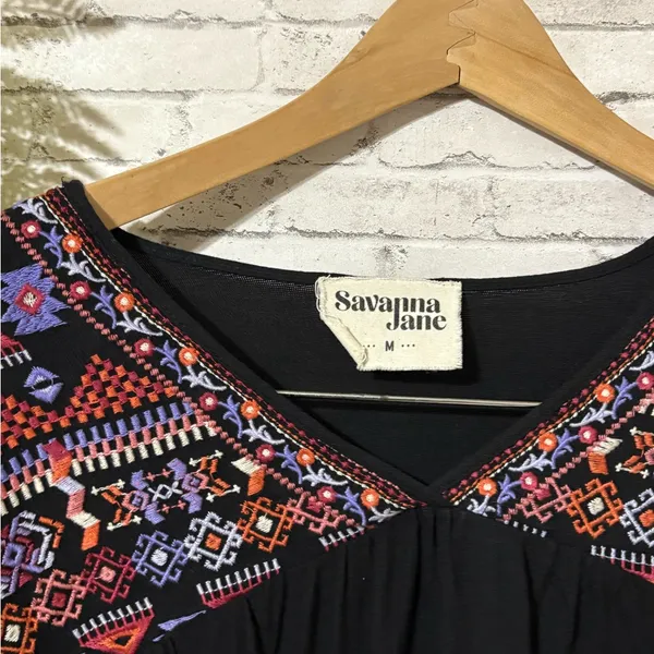 Savanna Jane Black Embroidered Boho Peasant Sleeve Blouse - Image 5