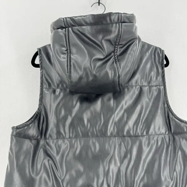 Vigoss Women L Black Faux Leather Hooded Long Puffer Vest Zip Pockets Moto Edgy - Image 4