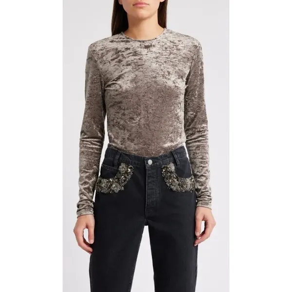 FRAME Crushed Velvet Long Sleeve Top Dusk Taupe Size‎ Medium - Image 5