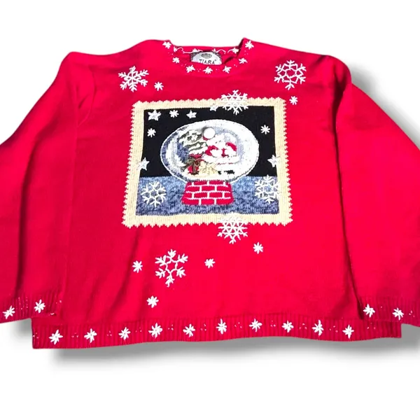 Vintage Y2K Tiara International Santa‎ Snow Globe Red Christmas Holiday Sweater - Image 6
