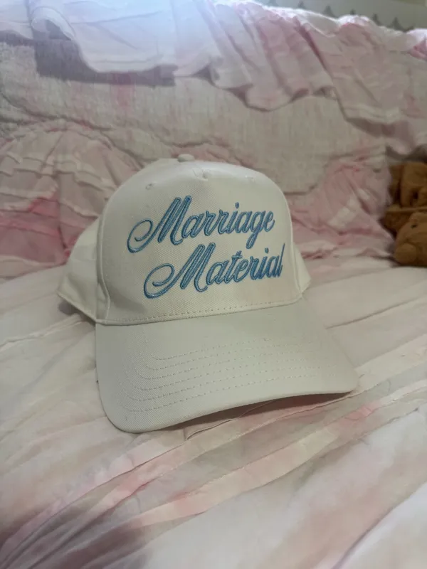 White Baseball Cap with Light Blue Script - Image 2