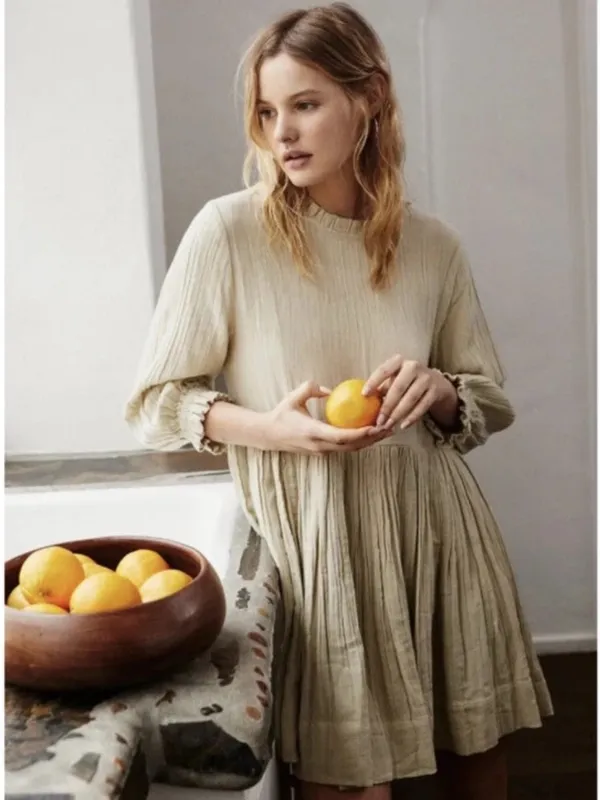 Free Peopleni Dress Beige Cotton Gauze Boho Babydoll medium - Image 2