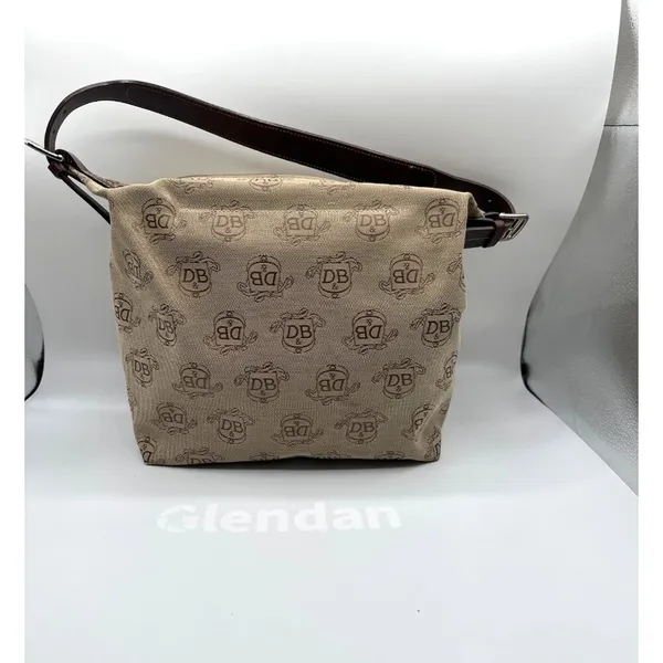 Dooney & Bourke Beige Signature Logo Canvas Shoulder Bag Brown Leather Strap - Image 5