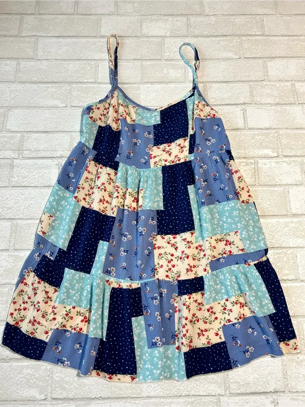 Altar’d State Patchwork Floral Sundress in Navy, Light Blue & Cream - Image 2