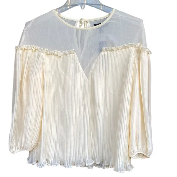 Topshop Boho Feminine Fairy Romantic Cream Pastel Pleated Sheer Neckline Blouse Size 8 - Image 6