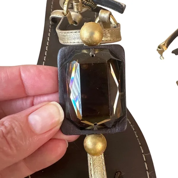 Tory Burch‎ Jeweled Stone Thong Sandals Gold Brown T-Strap 6.5 - Image 9