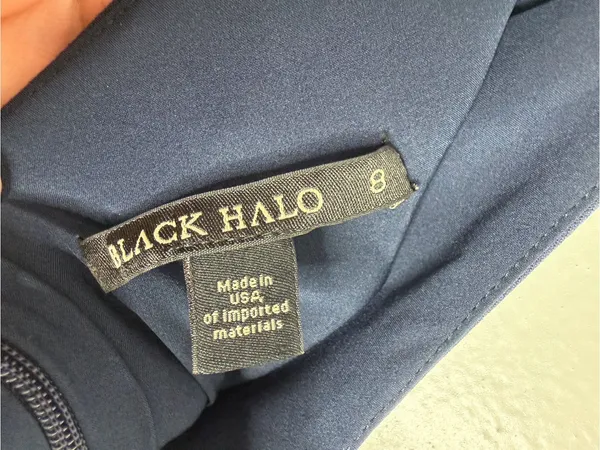 Black Halo Navy Peplum Sheath Dress V Neck Ruffle Cocktail Wedding Guest Size 8 - Image 4
