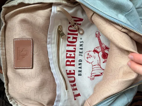 Denim Backpack True Religion Buddha Multi Pocket Light Blue Y2K Streetwear - Image 6