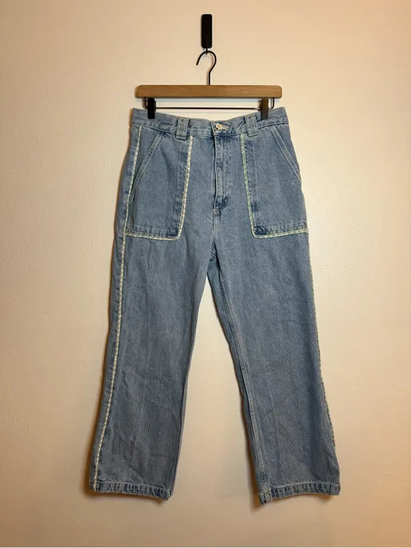 Zara‎ High Rise Tweed Trim Jewel Button Crop Wide Leg Light Wash Jeans - Image 4