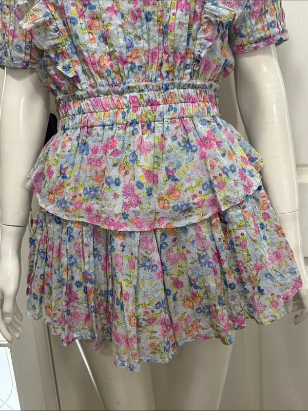 LoveShackFancy 100% Cotton Smocked Ruffle Mini Dress Blue & Pink Floral Size XS - Image 5