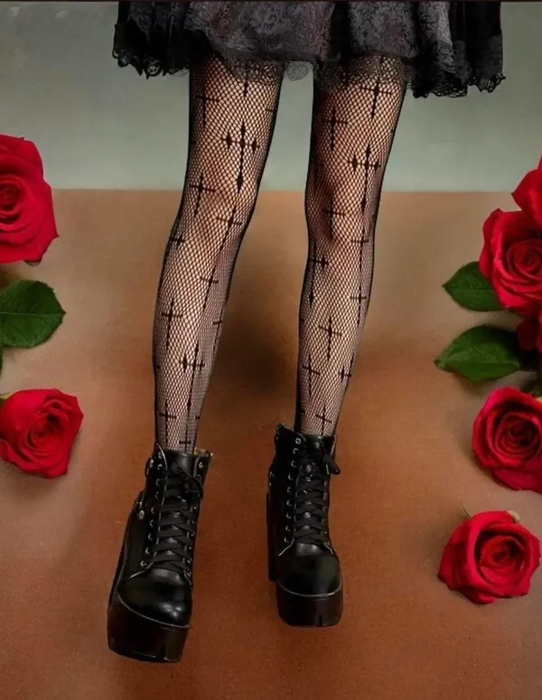 Cross Pattern Fishnet Tights, Hollow Out High Waist Mesh Pantyhose, Women's Stockings & Hosiery One Size 100% Polyester - Image 5
