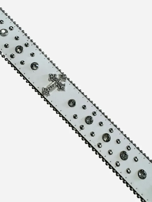 White Rhinestone Belt Studded Western Silver Buckle Cross Detail - Image 6