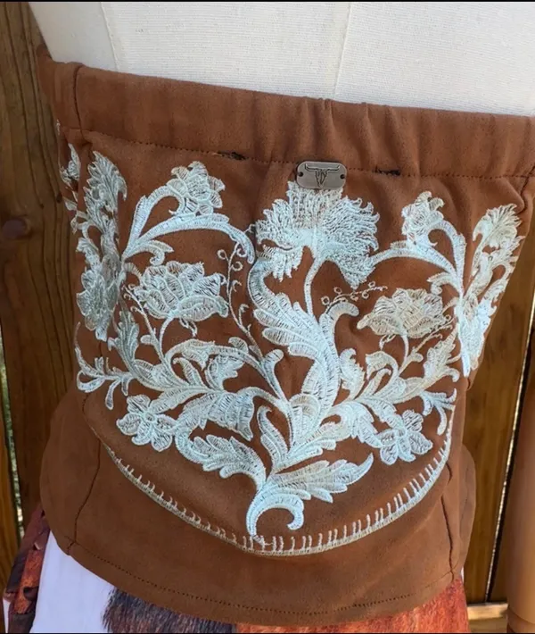 Lucky & Blessed Camel Stretch Suede Floral Embroidered Top - Image 3