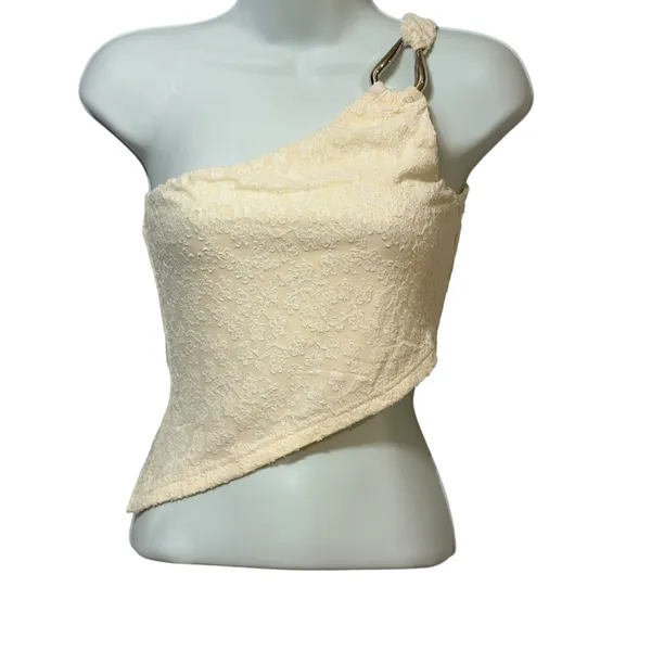 Princess Polly Womens One Shoulder Floral Jacquard Asymmetrical Crop Top Cream 4 - Image 3