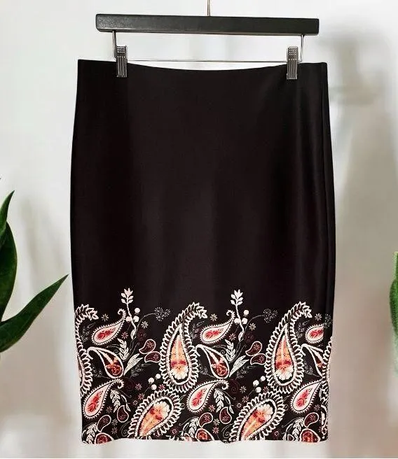 New York And Company Elegant Black Embroidered Paisley Stretch Back Kick Skirt Medium - Image 6