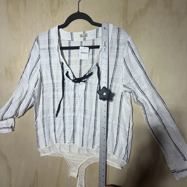 Free People Intimately Bodysuit Top Medium NWT‎ Lace Up Striped Boho Linen Blend - Image 6
