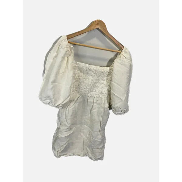 Tuckernuck Mini Dress Womens Medium White Smocked Linen Puff Sleeve Coastal - Image 3