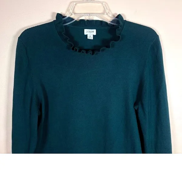 J Crew Green Ribbed Ruffle Neck Long Sleeve‎ Cotton Sweater Women's Medium - Image 3