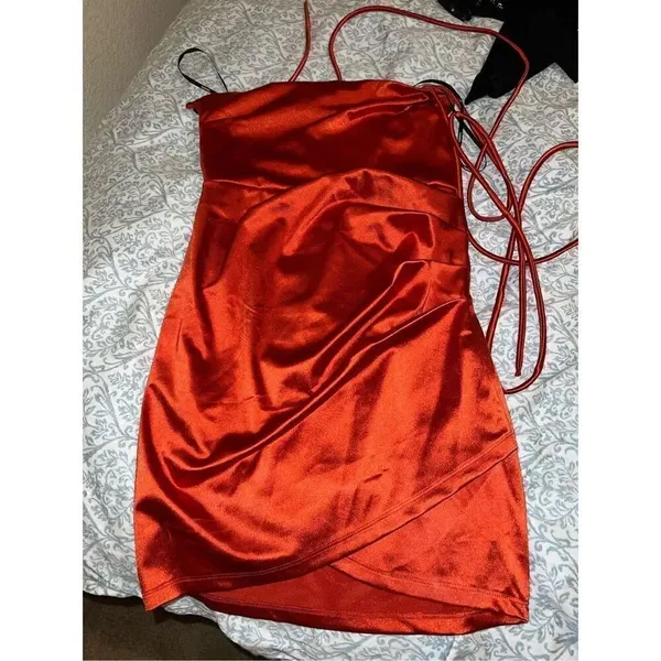 Forever 21 Satin stretchy orange backless dress size M - Image 3