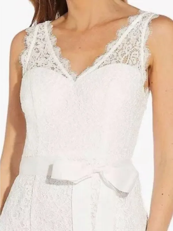 Adrianna Papell V-Neck Long Bridal Dress NWT Size 2 Coquette Bow Lace - Image 7
