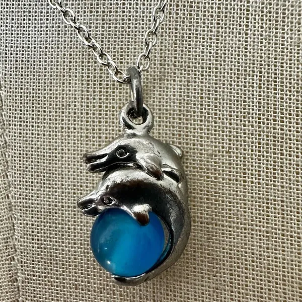 Vintage Dolphin Pendant Necklace with Blue Glass Orb - Image 2