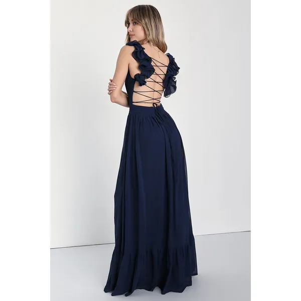 NWT Lulus Soiree Celebration Navy Blue Ruffled Lace-Up Maxi Dress Wedding Sz XL - Image 3