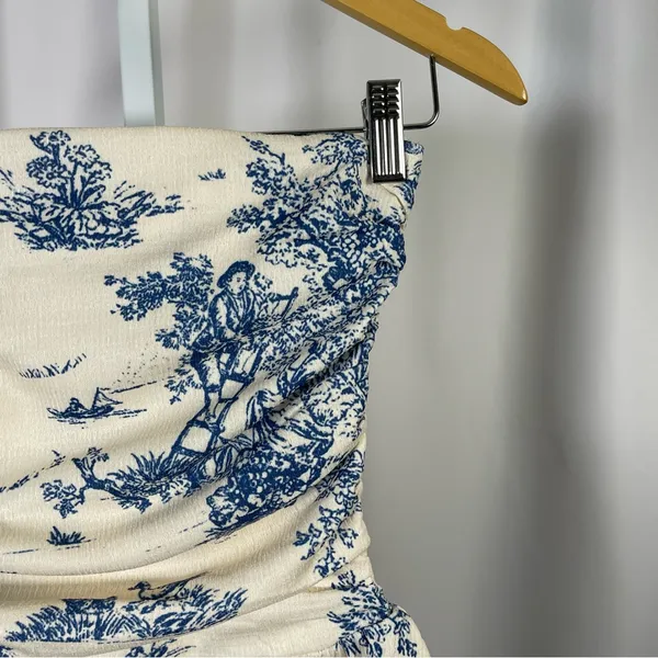 Cider XS Toile De Jouy Shirred Ruched Mini Dress Ruffle Retro - Image 7