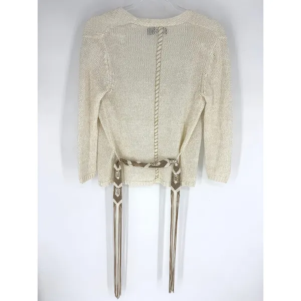 The Limited Cream Linen Metallic Open Front Cardigan Macrame‎ Fringe Belt XS - Image 4
