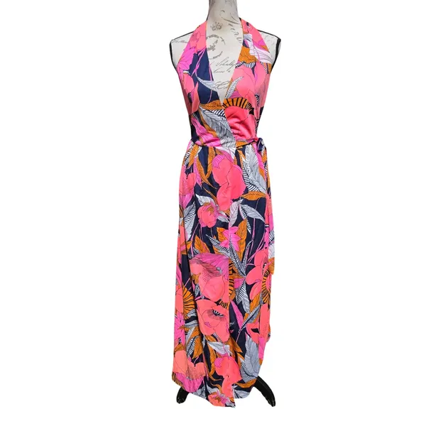 Calypso Bermuda Pink Floral Halter Wrap Maxi Dress Size 8 Fits Small - Image 2