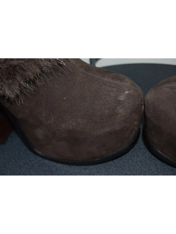 Dolls Kill Fur Trim Suede Platform Boots Brown Chunky Heel Mid-Calf, Size 10 - Image 7