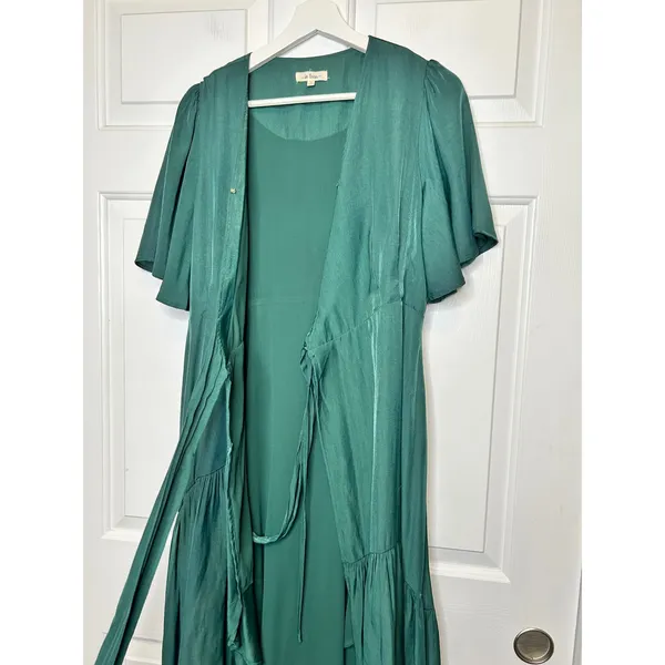 In Loom Wrap Dress Medium Green Ruffle Flutter High Low - Image 4