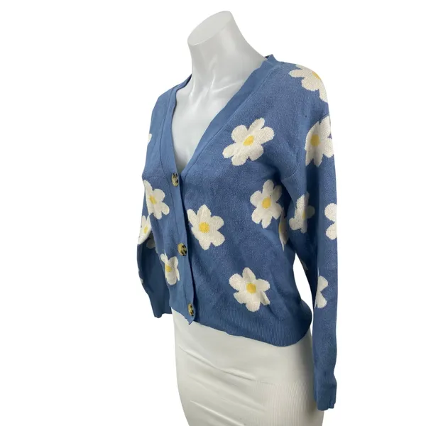 Willow & Wind Blue Floral Daisy Long Sleeve Button Up Cardigan Sweater Top Sz S - Image 3