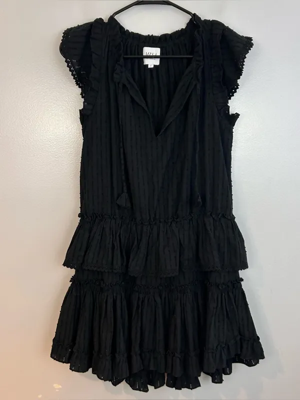 Misa Lillian Black Sleeveless Ruffle Eyelet V-neck Tiered Mini Dress Size Small - Image 2