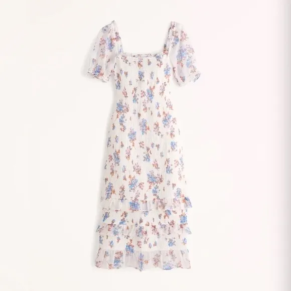 Abercrombie & Fitch Dress Womens Large White Floral‎ Smocked Puff Sleeve Ruffle - Image 2