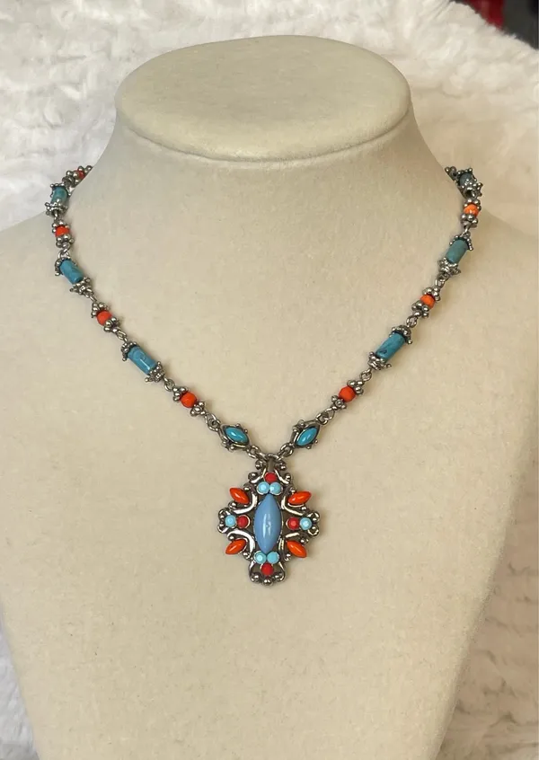 Southwestern Turquoise Coral Style Necklace Silver Tone Statement Pendant Boho - Image 6