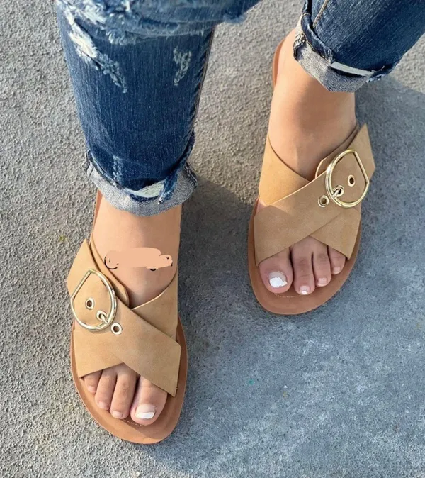 Nude/Natural Criss Cross Adjustable Buckle Sandal - Image 3
