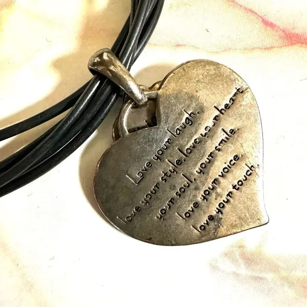 Silver tone double heart pendant necklace on black cord - Image 3
