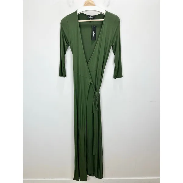 Lulus Garden District Olive Green Wrap Maxi Dress Stretch Jersey Knit Small NWT - Image 6