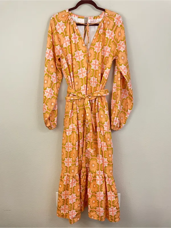 Ivy City Co Imogen Dress Orange Pink Floral Tie Neck Long Sleeve Maxi‎ Size XS - Image 2