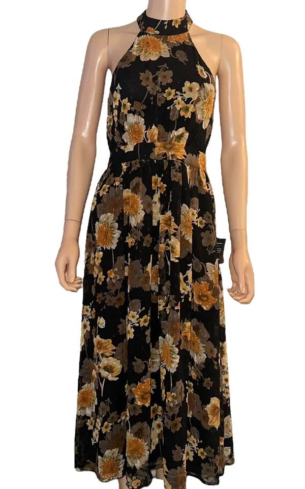 Lulus Charming Vision black floral Swiss dot Lurex halter midi dress - Image 5