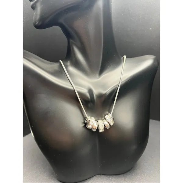 NWT! Guess Silver Tone Snake Chain Rhinestone Sliding Rondelle Ring Necklace - Image 5