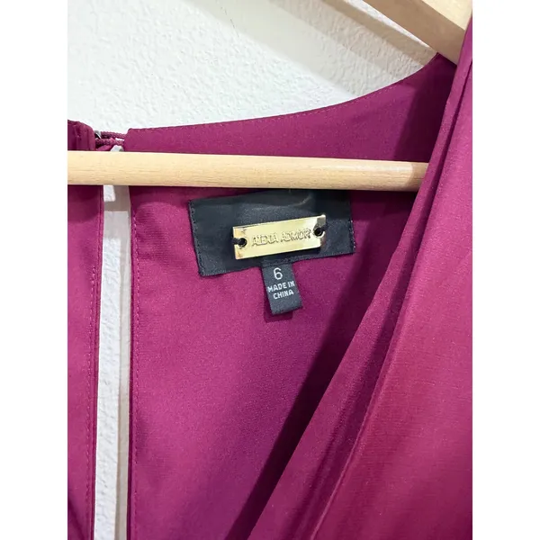 Alexa Admor Plum Burgundy Satin V-Neck Puff Sleeve Midi Dress Size 6 - Image 5