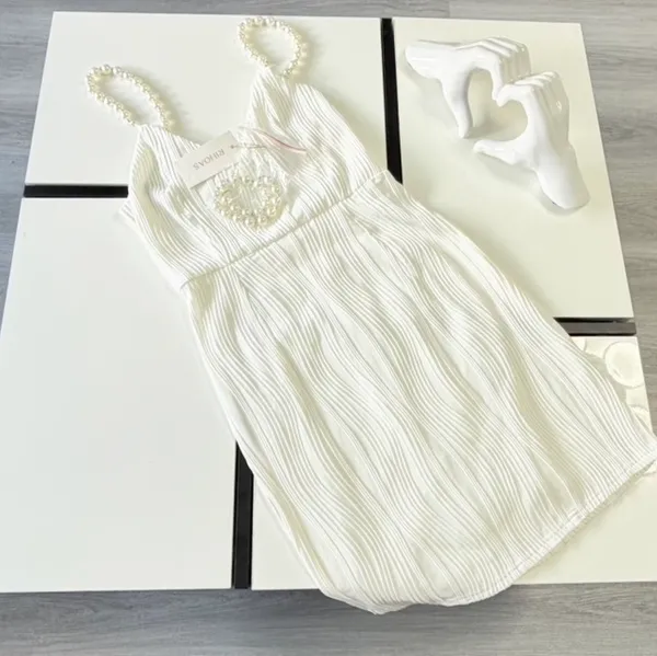 ✨ NWT RIHOAS White Textured Plissé Mini Dress w/ Pearl Straps (Size XS) 🤍 - Image 10